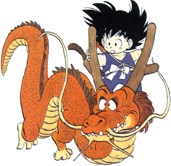 [Image: Gokuu riding on a dragon]