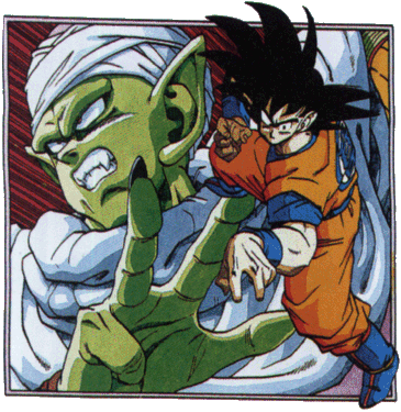 [Image: Piccolo and Gokuu getting ready to fight (cover art for vol.16 of the manga)]